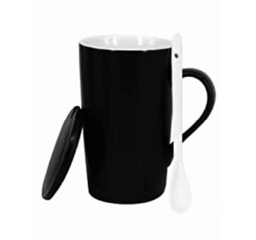 black ceramic mug with lid and spoon