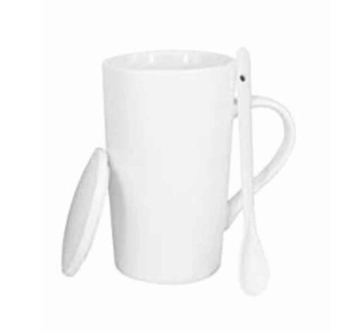 white ceramic mug with lid and spoon